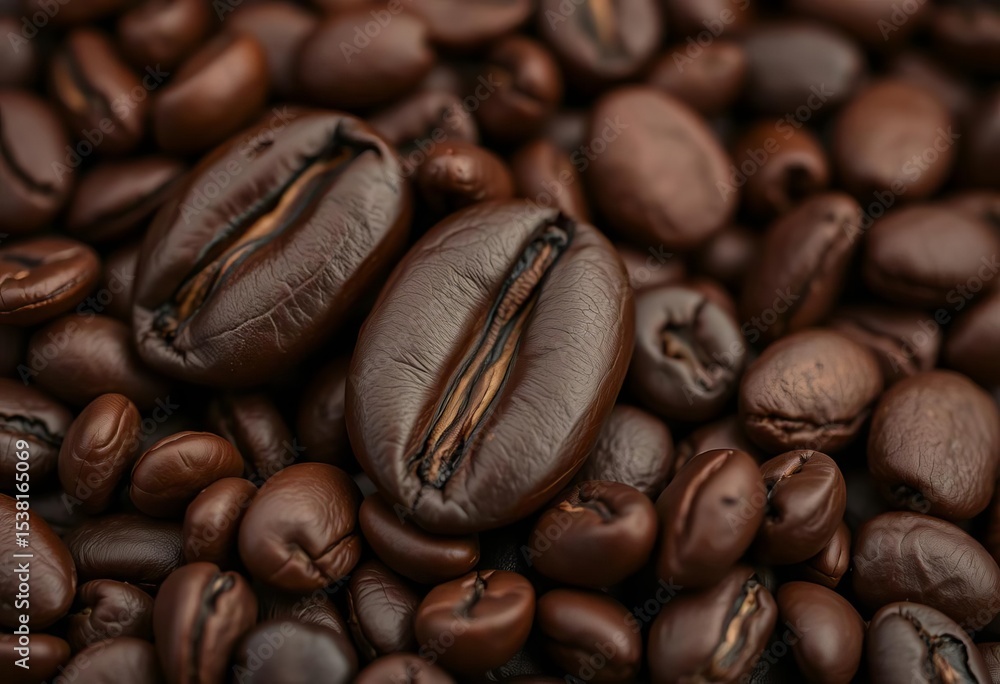 Obraz premium Three roasted coffee beans, close-up, dark brown, rich texture, breakfast, gourmet
