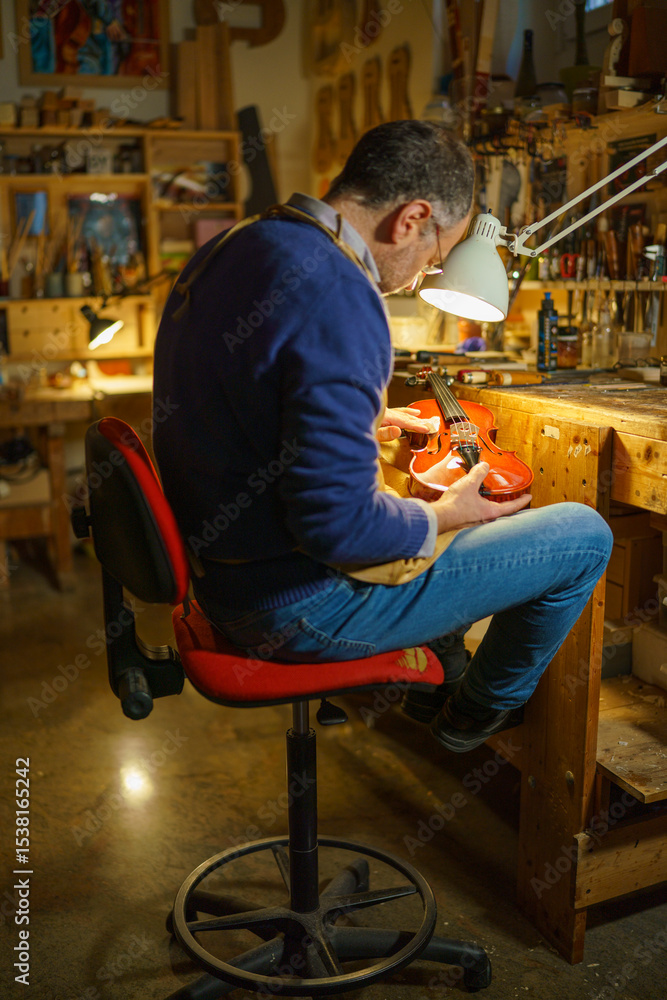 Fototapeta premium Skilled violinmaker carefully crafting wooden instrument, inspecting fine details under warm lighting, workshop filled with specialized luthier tools and raw materials