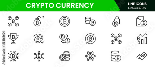 Modern vector web line icons depicting cryptocurrency, blockchain, digital wallets, coins, and secure transactions for innovative financial technology.