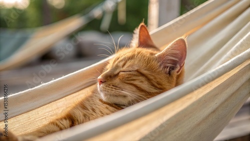 Adorable ginger cat sleeping peacefully in a hammock under sunlight. Relaxed feline enjoying nap time in cozy outdoor setting. Cute pet portrait in warm natural light.