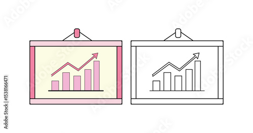 Visual representation of business success and market trends. This icon set features a presentation board with a bar graph and an upward-trending line. Ideal for finance, analytics, and reports.