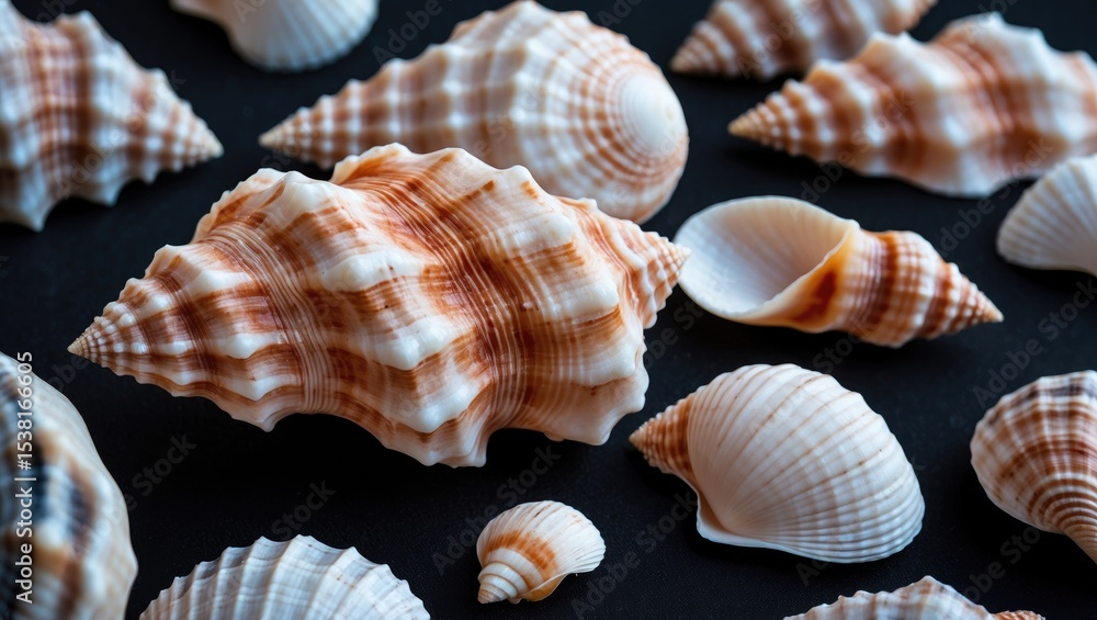 Obraz premium Seashell Close-Up Features on Black Background with Blank Space for Text