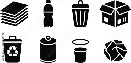 Collection of black glyph icons representing different types of waste and recycling materials shown clearly