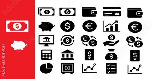 A collection of black and white financial icons on a white background with a red color block on the left