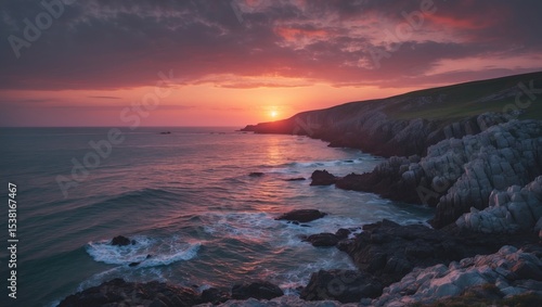 A beautiful sunset along the rocky coastline with vibrant colors and scenic views.