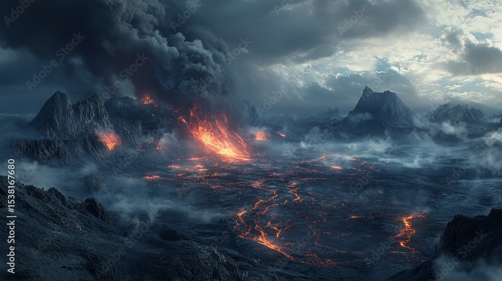 Fototapeta premium dramatic volcanic landscape where lava flows illuminate the ground, and ash clouds rise into the sky, Generative AI