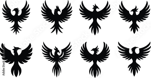 Collection of eight phoenix bird silhouettes with wings spread on a white background display design