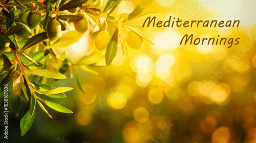 A beautiful olive tree branch with green olives against blurred nature background at sunset