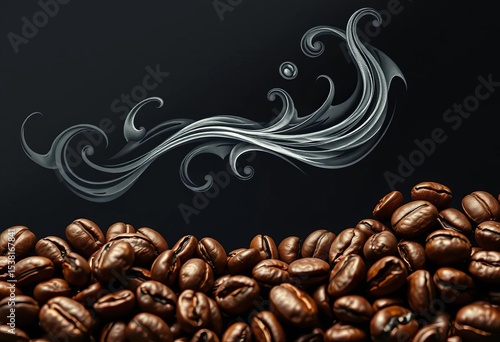 Intricate engraved coffee beans & steam swirling, dark background, vintage, stylish