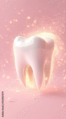 A glowing tooth with sparkles on a pink background