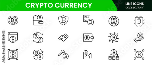 Modern vector web line icons depicting cryptocurrency, blockchain, digital wallets, coins, and secure transactions for innovative financial technology.