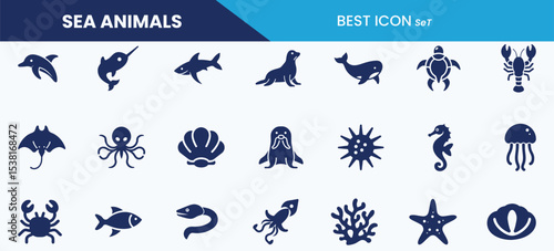 Sea animals icon set collection. Fish, dolphin, whale, shark, squid, octopus, turtle, jellyfish and vector illustration.