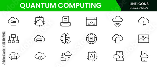 Futuristic vector web line icons depicting quantum computing, qubits, algorithms, processing power, and innovative tech for advanced computational solutions.