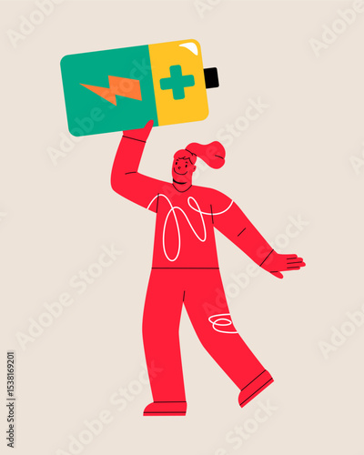 Woman holding battery big. Colorful vector illustration