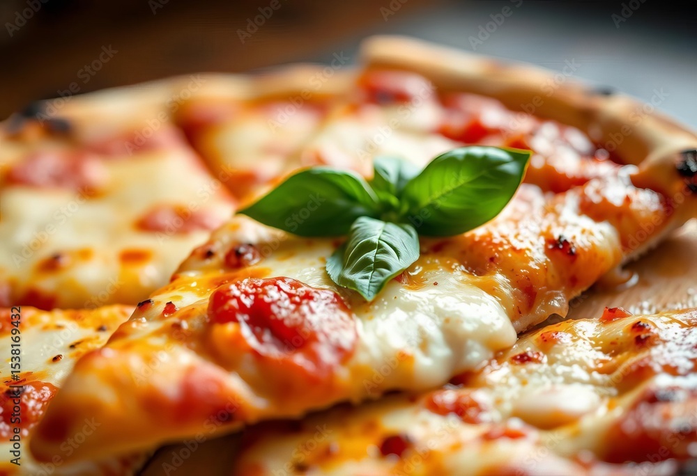 Golden-brown pizza slice, bubbling cheese, fresh basil sprig, cheese, sauce Golden-brown pizza slice, bubbling cheese, fresh basil sprig, cheese, sauce