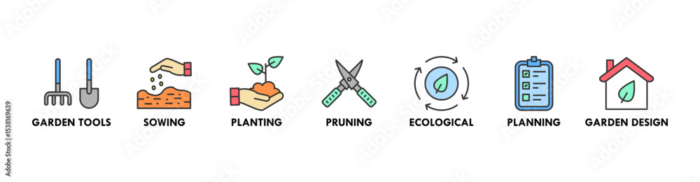 Gardening banner web icon for business with garden tools, sowing, planting, pruning, ecological, planning, garden design Gardening banner web icon for business with garden tools, sowing, planting, pruning, ecological, planning, garden design
