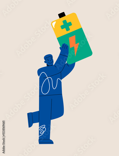 Man holding battery big. Colorful vector illustration