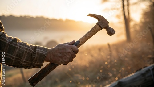 Close-up of man holding hammer in hand at sunset. Rustic tool in outdoor setting with warm light, symbolizing hard work, construction, craftsmanship, and rural labor