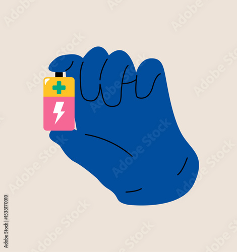 Hand holding battery. Colorful vector illustration