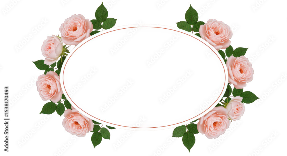 Oval frame decorated with pink roses and green leaves isolated on transparent background Oval frame decorated with pink roses and green leaves isolated on transparent background