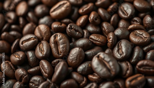 Dark brown roasted coffee beans, close-up texture, coffee beans,  coffee shop