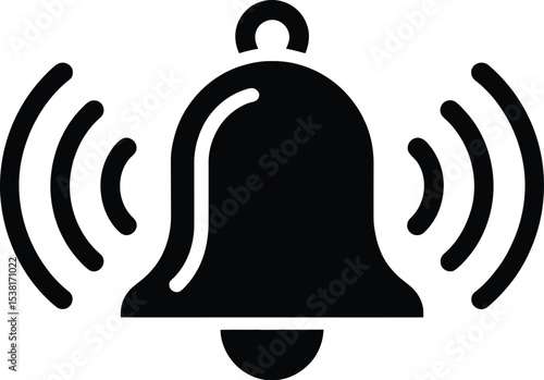 A black and white image depicting a bell with sound waves emanating from both sides on a white background