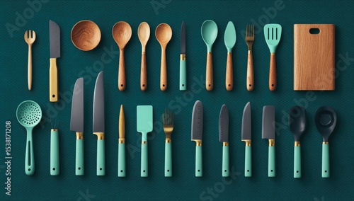 Teal-handled kitchen utensils arranged on a teal background
