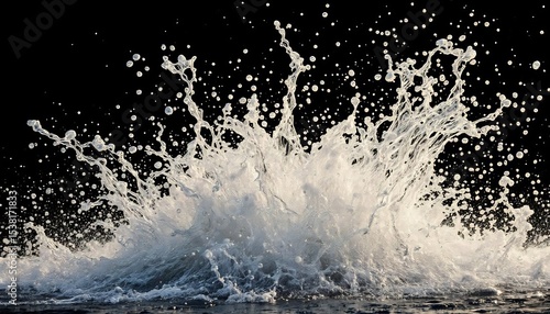 Majestic Water Splash: A dynamic water splash against dark backdrop, showcasing the raw power and natural beauty of fluid motion in an evocative and photorealistic manner.