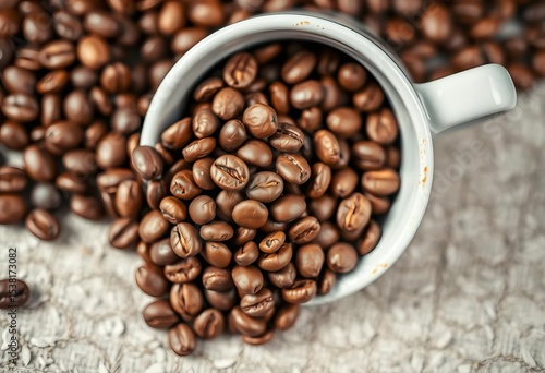 Close-up of roasted coffee beans spilling from a ceramic coffee cup,  coffee cup,  wood