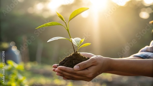 Hands holding young green plant with soil in morning sunlight. Concept of growth, sustainability, environment, and eco-friendly agriculture. Nature care and reforestation.