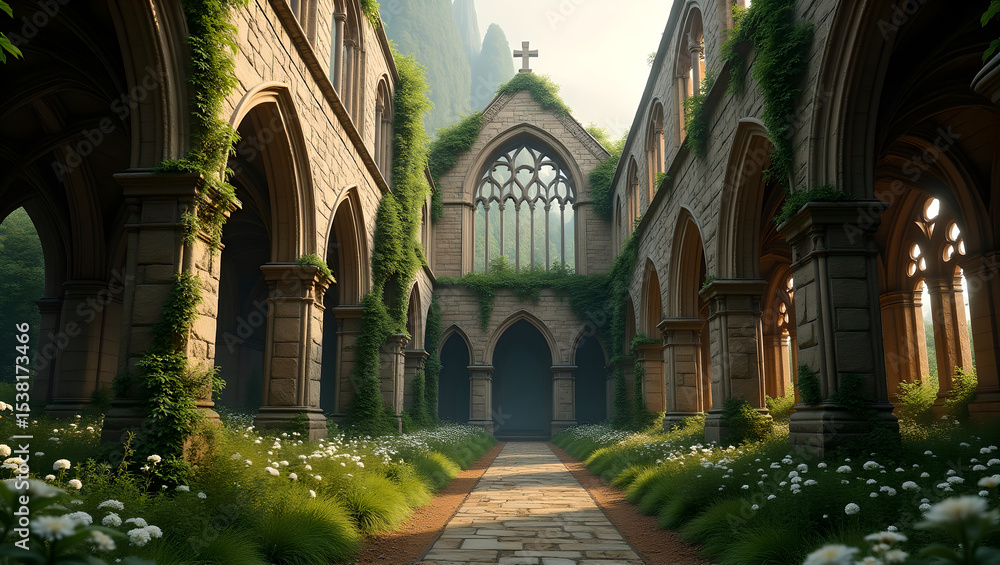 Fototapeta premium Sunlit Stone Cathedral Ruins Overgrown with Lush Vegetation and White Flowers