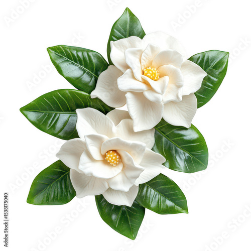 Two elegant gardenia blossoms surrounded by leaves on transparent background
