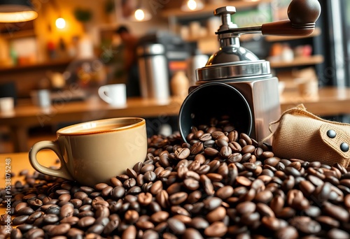 Aromatic coffee beans, grinder, cup, and cafe setting,  food,  steam