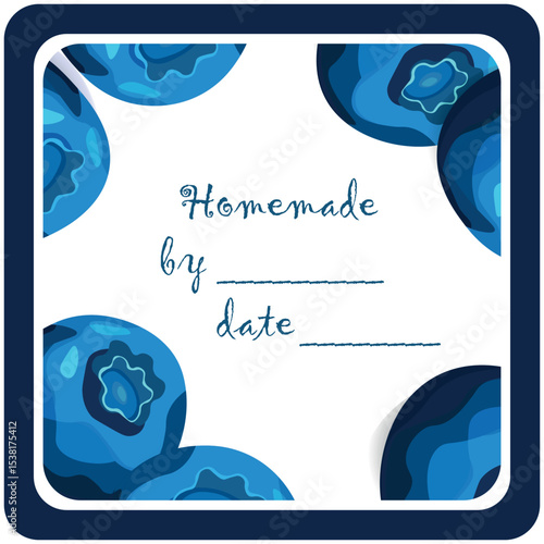 Template jam label design. Retro homemade label. Blueberry marmalade dessert product. Doodle vector illustration.