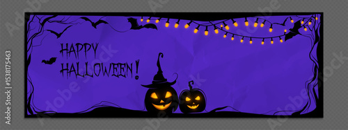 Halloween social media banner frame with purple paper textured background - spooky glowing pumpkin lanterns, string lights and flying bats. Happy holiday greeting with twisted tree branches.