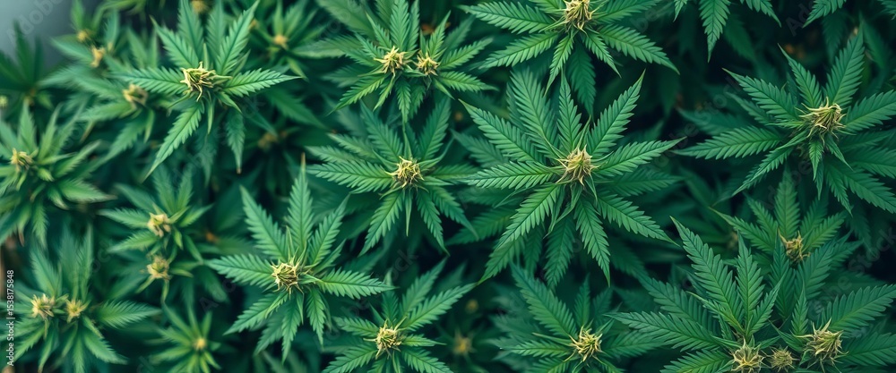 Aerial view of lush green cannabis plants, showing dense foliage and budding flowers, cannabis, leaves Aerial view of lush green cannabis plants, showing dense foliage and budding flowers, cannabis, leaves