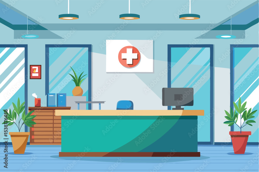 Obraz premium Modern reception area in a healthcare facility with plants and technology