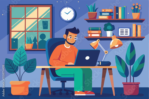 Person working on laptop in cozy home office at night with plants