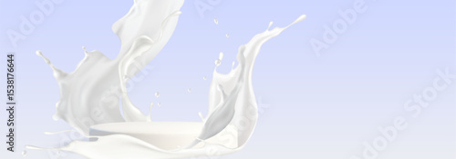 White milk wave splash surrounding circular column podium on purple background. Creamy liquid crown with drops for dairy display. Fresh beverage presentation platform for product advertising design.