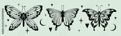 Y2K butterfly tattoo designs with celestial elements - black silhouettes with detailed wings, stars and moon symbols. Retro gothic aesthetic collection for body art, nostalgic fashion graphics.