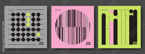Abstract retro brutalist design posters with geometric patterns - minimalist compositions with circles, lines and metaball shapes on vibrant bg. Modern graphic art collection for branding presentation