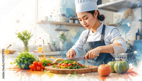 Illustration of a female chef preparing fresh vegetables in a bright kitchen, promoting healthy cooking and lifestyle
