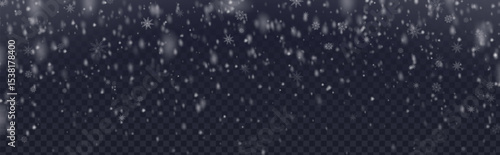 Winter snow overlay with falling snowflakes on dark transparent background - realistic white flake particles floating down for Christmas design, holiday decoration and seasonal effect composition.