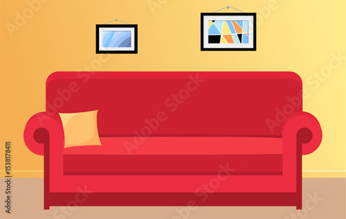 Concept of cozy home. Living room with sofa, lamp and paintings on walls