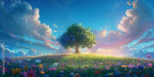 Vibrant Wildflower Field Under Blue Sky Ai generate