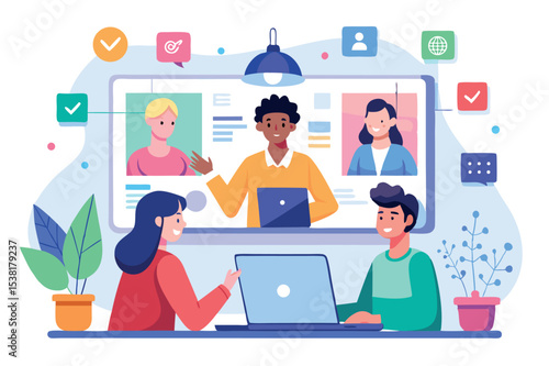Virtual meeting with diverse participants discussing strategies and goals in a modern workspace setting