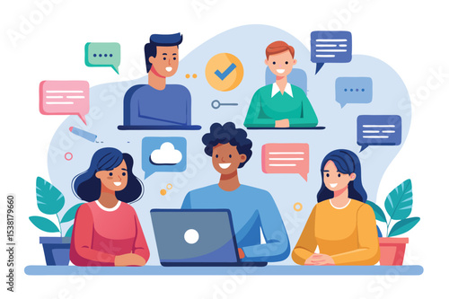 Group collaboration in a digital workspace with diverse participants sharing ideas and feedback