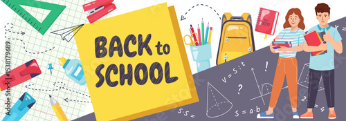 Horizontal banner Back to school Childhood illustration with kids, book, pen, stationery Collection for print, education, learning Vector design for stationery store ads, poster, advertising, sale