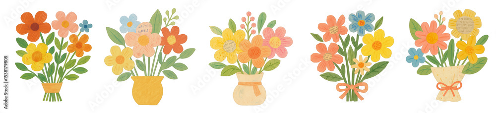 Naklejka premium PNG Colorful floral bouquet illustrations, element set on transparent background
