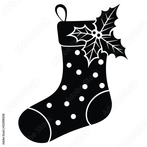 Festive christmas stocking with holly berries design in simple black and white silhouette vector art.